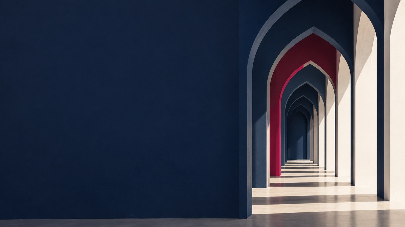 A colonnade of pointed arches in navy, garnet and stone